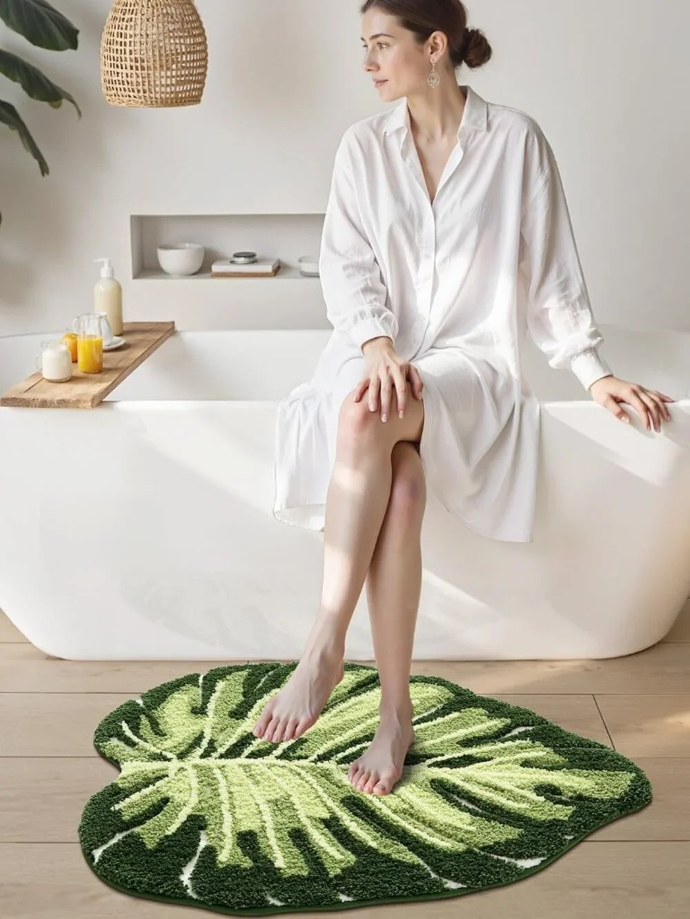 Cute Bathroom Rugs with Green Leaf Plant, Soft, Fluffy, Plush, Absorbent, Quick
